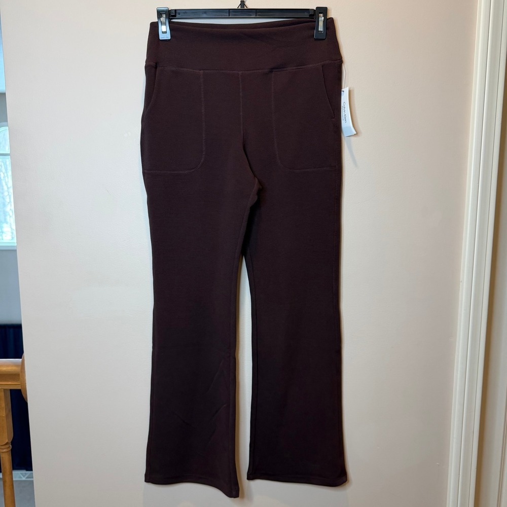 NWT Calvin Klein Performance Brown Waffle Knit Flare Leg Pants Womens Size Large